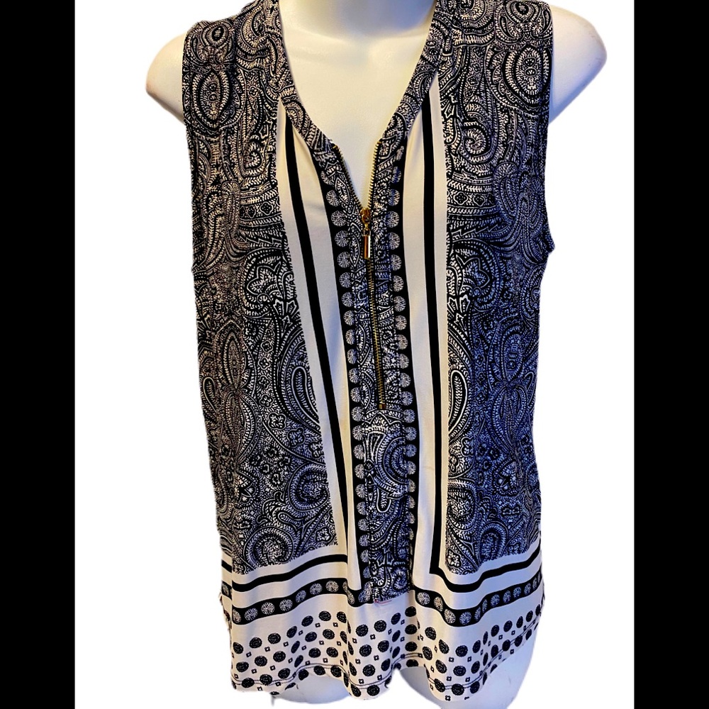 INC black Paisley Top w/gold zipper in front